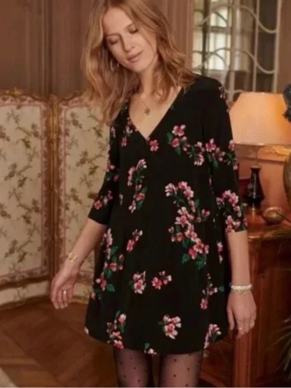 Sezane - 100% Silk Penny Black Mini Dress with Pink Floral Print